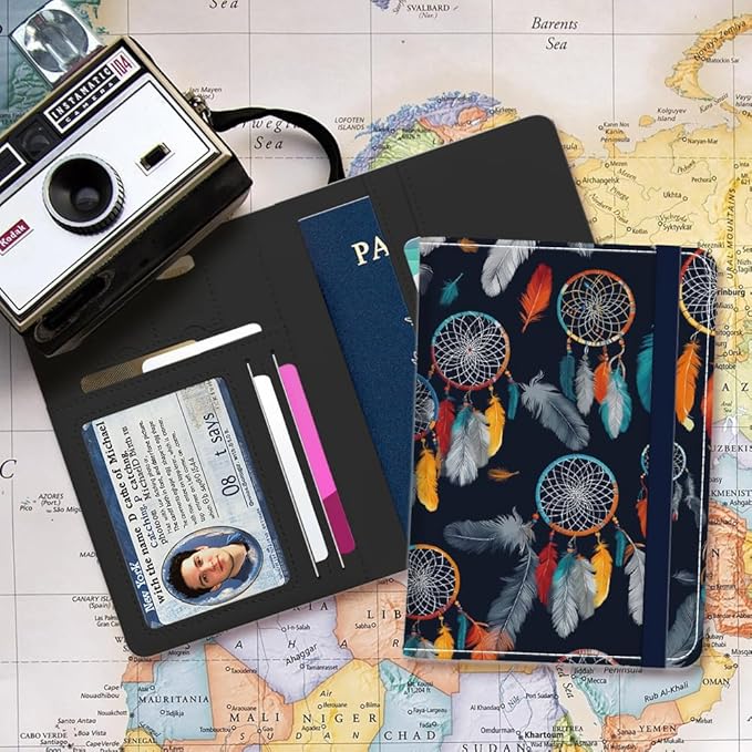 PU Leather Passport Holder Cover 5.9×4.3 Inch with Credit Card Slot and Boarding Pass Slot Combo Blocking Passport Holder Wallet Cover Case for Travel Boarding Essentials (Dreamcatcher)