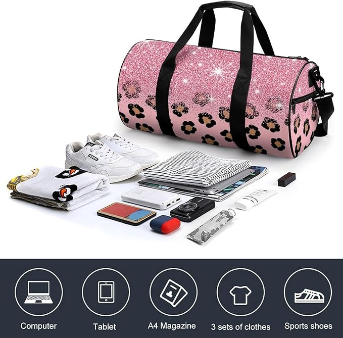 Lightweight Travel Sports Carry On Bag Pink Glitter Sparkles Cheetah Leopard Print Basketball Football Weekender Bag Sport Gym Fitness Tote