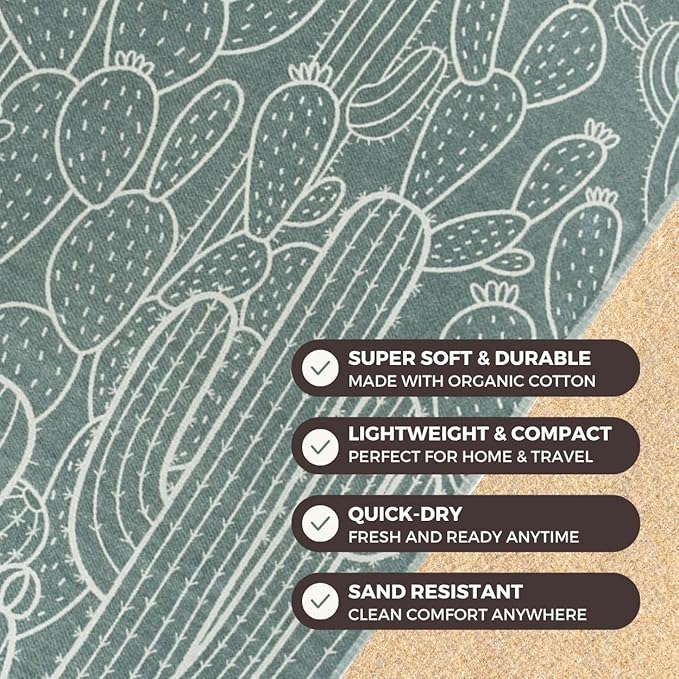 FESHKA Sand Free Turkish Beach Towel (37 x 67) Quick Dry Bath Towel, Oversized Beach Blanket, Lightweight for Travel - Made with 100% Organic Turkish Cotton - Saguaro (Green)