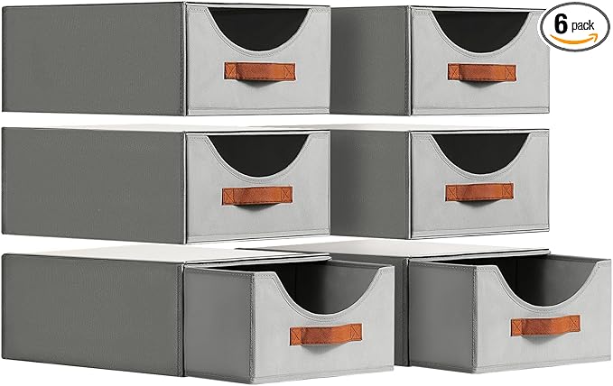 Stackable Storage Drawers - Large Collapsible Storage Bins with Drawers, 6 Pack Closet Shelf Organizer Basket, Fabric Pull Out Organizer for Bedroom, Living Room, Dorm, Grey
