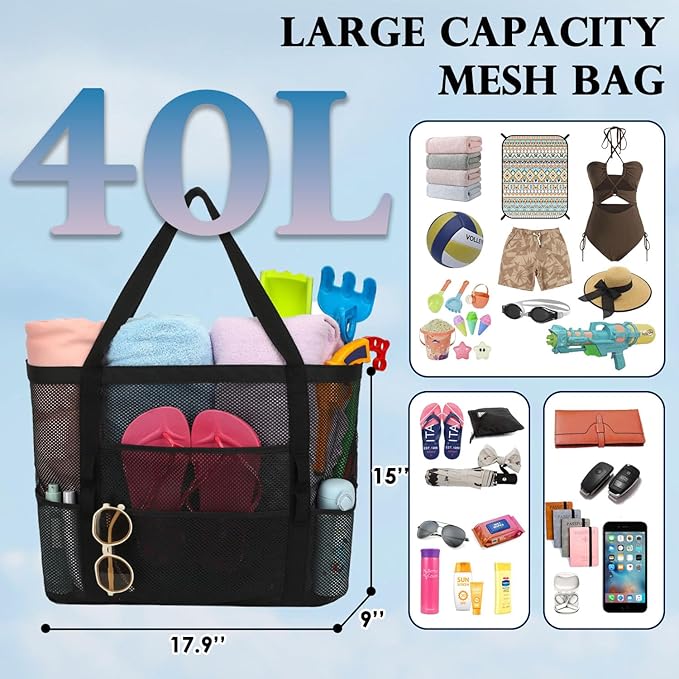 Mesh Beach Bag, Large Beach Tote with Zipper Pocket, Toys Pool Bag for Family Travel Vacation Cruise Essentials