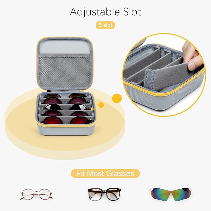 Travel Sunglasses Organizer Case with 5 Adjustable Slots, Multiple Pairs Eyeglass Portable Eyewear Box for Men Women