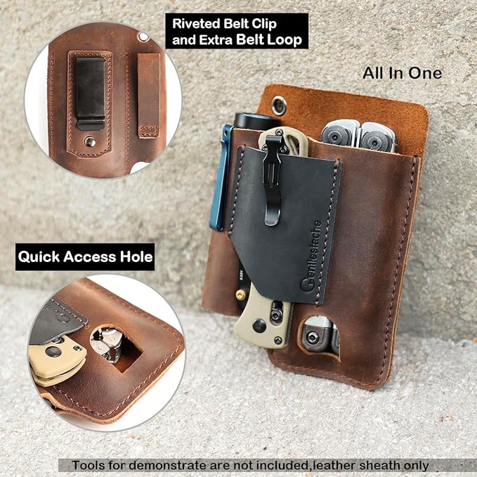 Gentlestache Leather Multitool Sheath - Belt Clip EDC Belt Organizer - Leather Multi Tool Holster for Belt - Multitool Holder