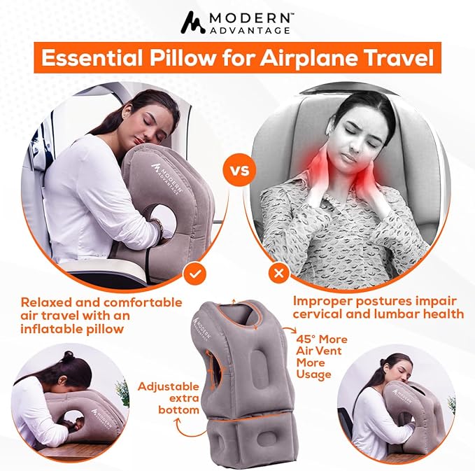 Modern Advantage Inflatable Travel Pillow with Adjustable Extra Bottom Support Neck Pillow for Chin & Head Stability Prevents Neck Pain Plane Pillow for Long Flight Travel Eye Mask & Earplugs - Grey