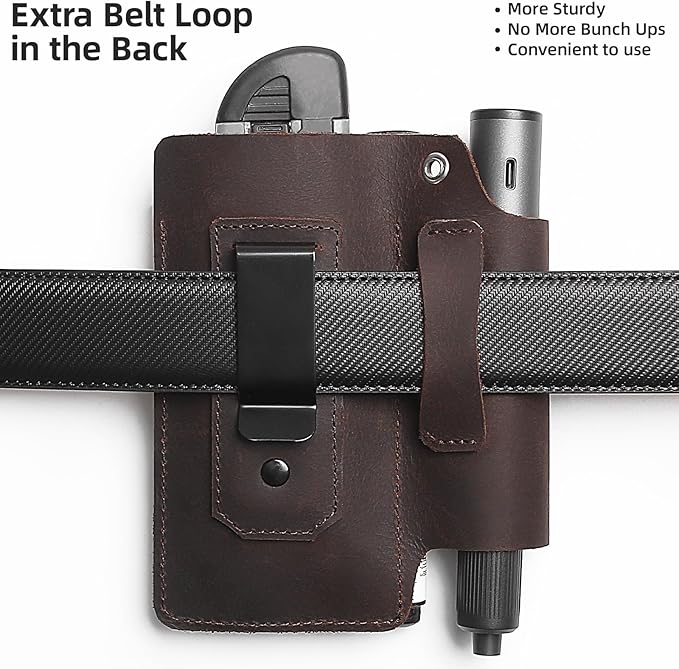 Leather Tool Belt Pouches Tool Holster EDC Pouch with Belt Clip, Multitool Sheath Pocket Organizer Includes Metal Clip, Fits Flashlight, Pen