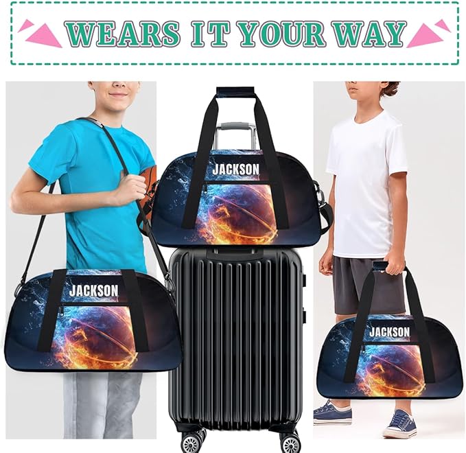 Custom Flame Basketball Gym Duffel for Kids Boys,Personalized Duffel Bag Overnight Bags for Travel Weekender Practice Sports