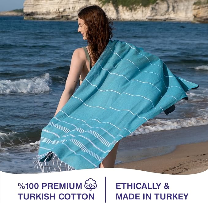 Turkish Beach Towels, Pack of 6 | Oversized, Quick Dry, Sand Free | 100% Cotton, Large 38x71 Towels for Beach, Pool, Travel | Ultra-Soft, Compact, and Absorbent | Teal