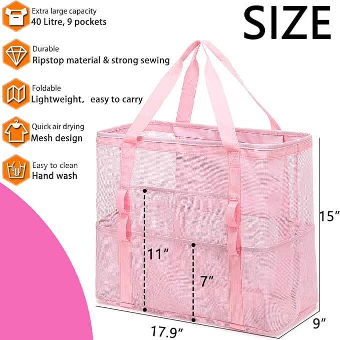Mesh Beach Bag with Zipper, Large Beach Tote for Women, Toys Pool Swim Bag Travel Vacation Cruise Essentials