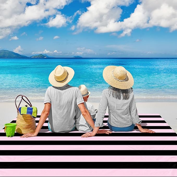 Beach Blanket Waterproof Sandproof, Oversized Picnic Blankets with Stakes – Lightweight Quick-Drying, Extra-Large Pink and Black Striped Beach Mat for Outdoors, Camping, Hiking Trips