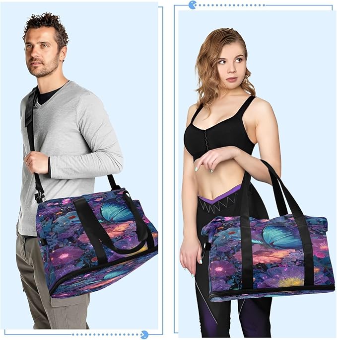 Travel Duffel Bags for Women Butterfly in Dark Florals Print Sports Duffel Bags Gym Bags with Shoes Compartment Tote Bag Weekender Bag for Travelling