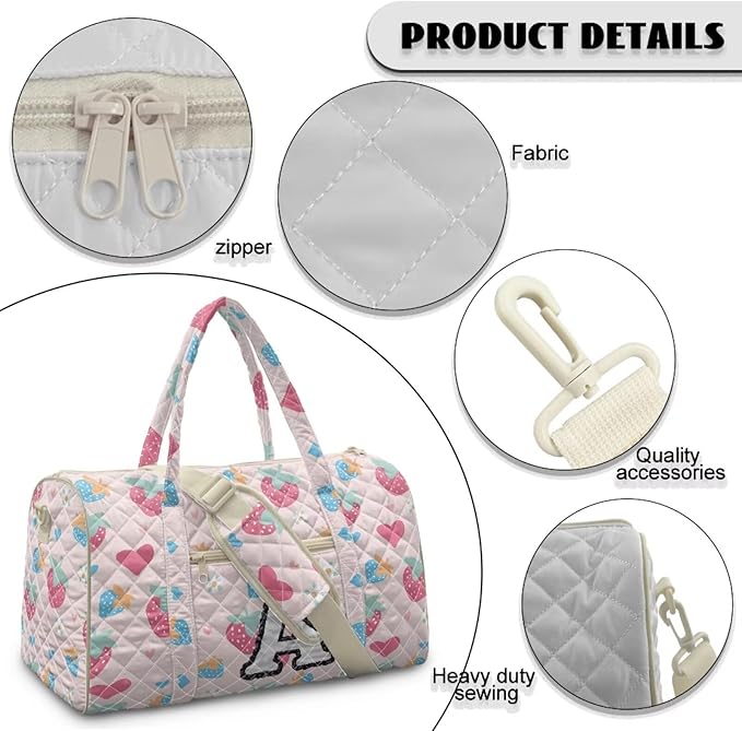 COEQINE Print Quilted Travel Duffle Bag For Women Travel Pink Heart Initial Name A-Z Personal Item Travel Bag with Shoulder Strap and Trolley Sleeve Large Packable Travel Bag