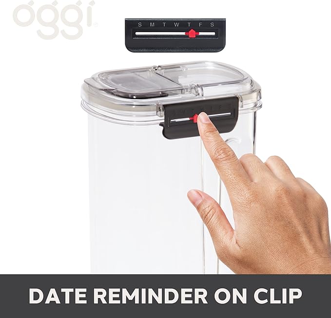 Oggi Easi Grip 57oz Moisture Proof Storage Container, Ultra Clear BPA-Free Sealable Canister, Flip Open Pouring Lid, Date Reminder Slider on Clip, Ideal Cereal Dispenser (57oz / 1.7lt)