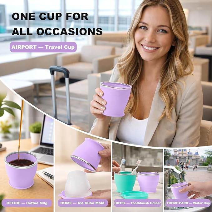 Collapsible Travel Cup, BPA-Free Reusable Water Cup, Lightweight Drinking Cups with Lids and Carrying Strap, Dishwasher Safe Silicone Cups for Camping, Travel, Airports, Hotel (6.7oz, Lilac)