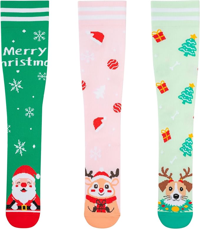 fenglaoda 3 Pairs Compression Socks for Women & Men Knee High Nurse Pregnant Cute Medical Running Travel Athletic