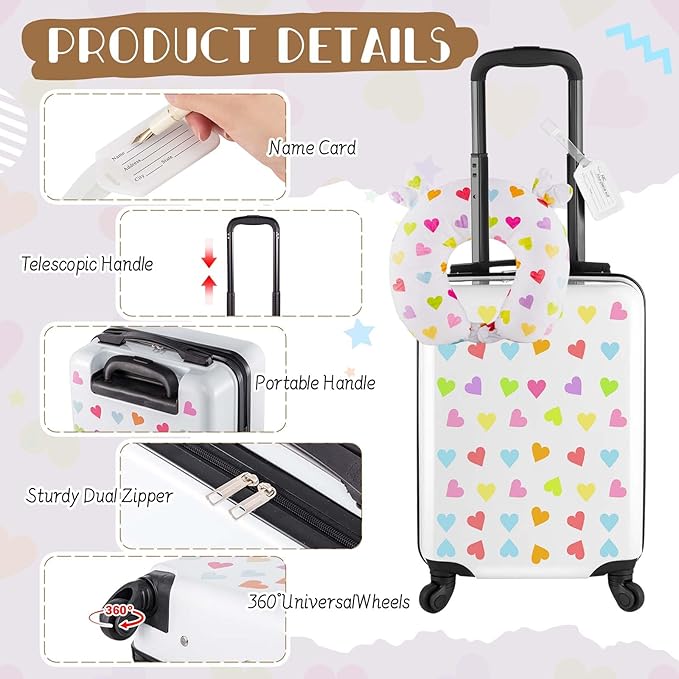 Sanwuta 4 Pcs Kids Luggage Set Rolling Suitcase Backpack U-shaped Pillow Kids Carry On Gift for Summer Travel Family Trip(20 Inch,Heart Style,White)