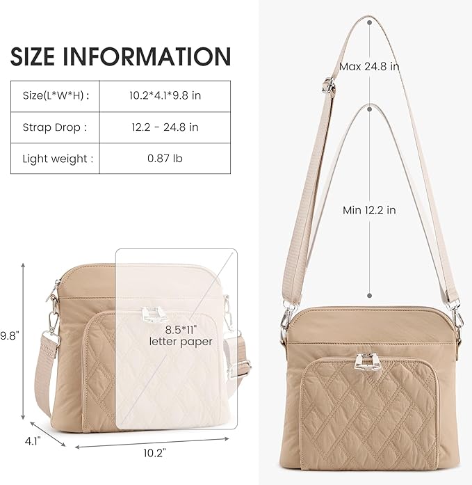G4Free Anti-Theft Crossbody Bags for Women, Lightweight Nylon Shoulder Purse Medium Handbags for Travel Work-Khaki