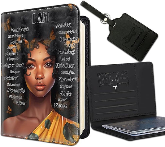 Passport Holder Women Wallet with Luggage Tag, Leather Passport Cover with RFID Blocking, Travel Accessories Multi Card Slot Passport Case for Men，African American Girl