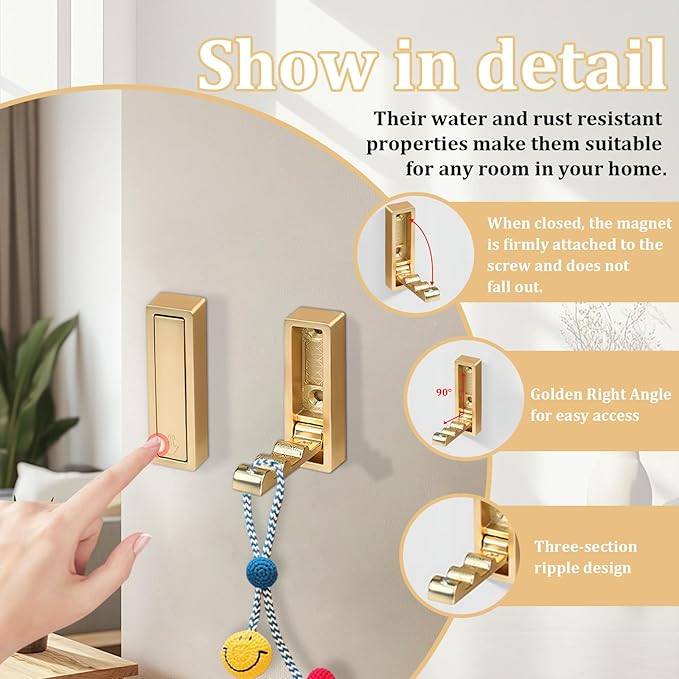 2pack Gold Foldable Wall Hooks, Folding Coat Hooks Wall Mounted, Foldable Plant Hanger, Gold Coat Rack Wall Mount (2, Square)