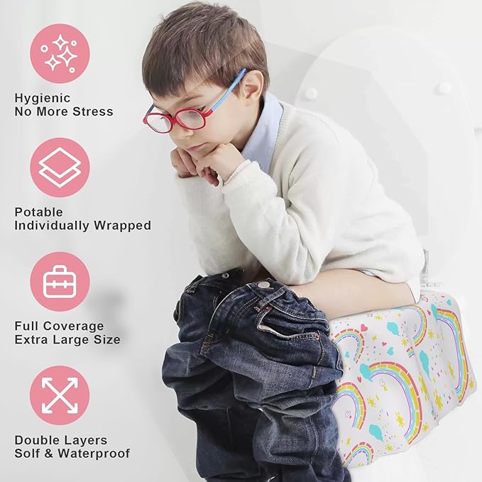 20 Pack Disposable Toilet Seat Covers - Extra Large, Waterproof - Toddler Potty Training, Portable Potty Covers for Kids & Adults, Kids Travel Essentials for Airplane, Trip (Rainbow)