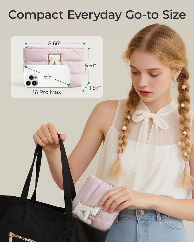 BAGSMART Personalized Makeup Bag with Initial, Pink Small Cosmetic Travel Organizer, Water-Resistant Pouch for Women & Teens for Bridesmaid Graduation (Initial-A, Small)