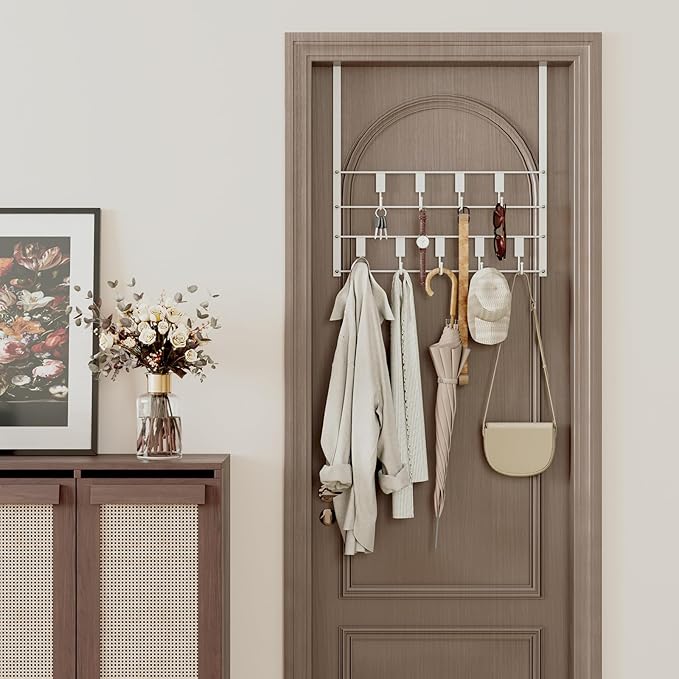 Over The Door Hooks for Hanging, 14 Hooks Over Door Coat Hanger, Coat Clothing Rack and Towel Rack for Bathroom Organizer, Door Hanger Organizer Kitchen, Bathroom Towel Storage Decor White