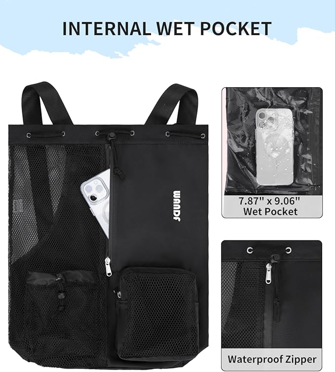 WANDF Swim Bag Mesh Drawstring Backpack with Wet Pocket for Swimming, Gym, and Workout Gear