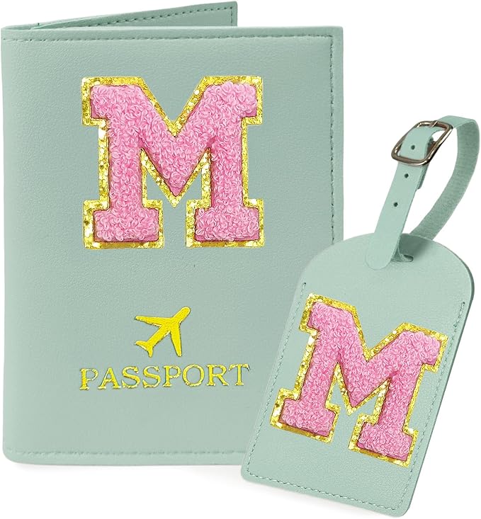 COSHAYSOO Initial Passport Cover Luggage Tag Set Letter Passport Holder Airplane Cruise Travel Essentials Vacation Traveling Accessories Personalized Gifts for Women Teen College Girls Teal M