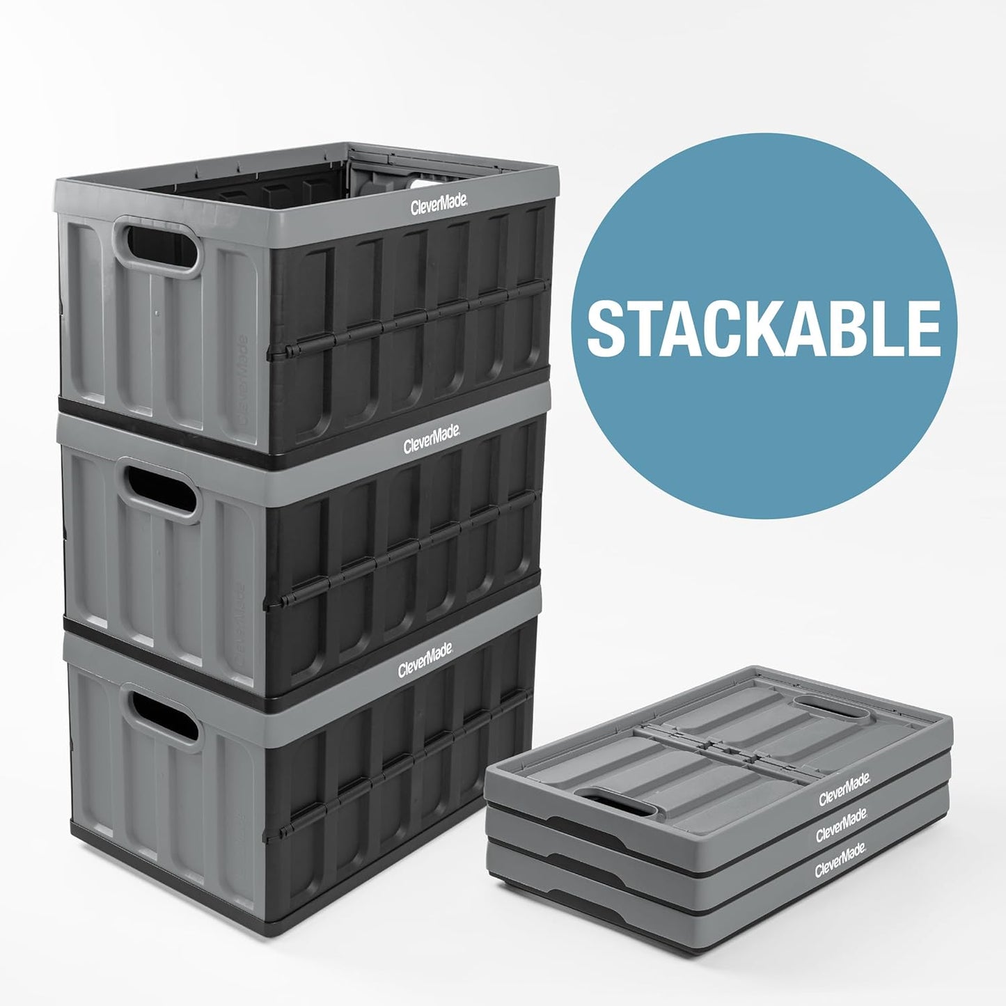 CleverMade Collapsible Storage Bins - Ocean 3 Pack 62L / 16 Gal holds 75 lbs - Stackable Containers Heavy Duty Capacity Crates Space-Saving