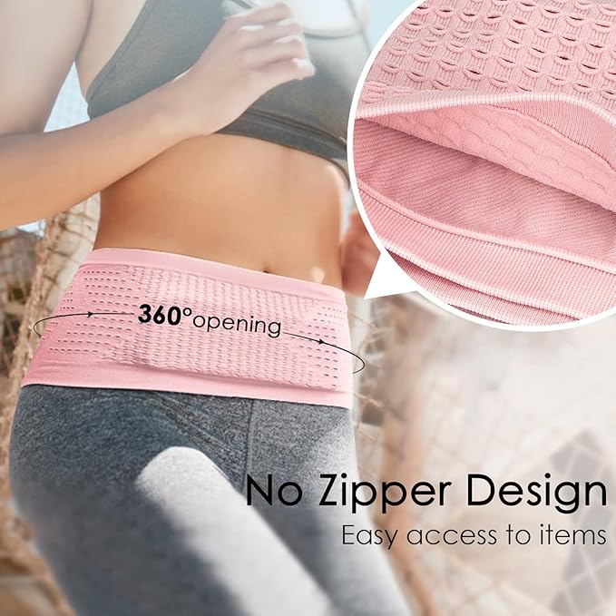 Slim Running Belt, No-Bounce Hidden Waist Pack with 360° Opening for Soft Flask, Cellphones, Keys or Gels, Pink, Large