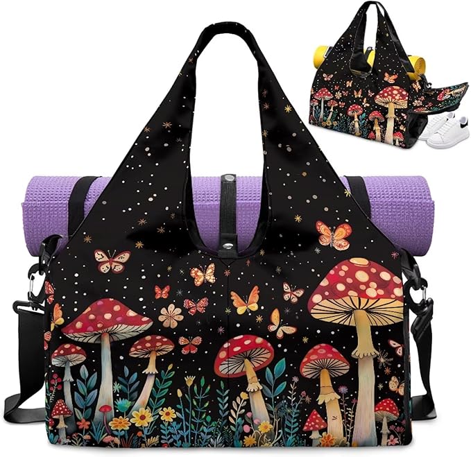 Mushroom Butterfly Gym Bag for Women Sports Travel Duffle Bag with Shoe Compartment Lightweight Swim Overnight Weekender Yoga Carry on Bags Gifts for Mom, Wife, Daughter