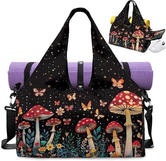 Mushroom Butterfly Gym Bag for Women Sports Travel Duffle Bag with Shoe Compartment Lightweight Swim Overnight Weekender Yoga Carry on Bags Gifts for Mom, Wife, Daughter