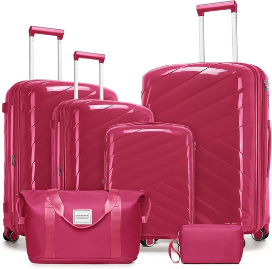 6 Piece Luggage Set Carry on Suitcase with Spinner Wheels, Expandable Hardshell Luggage PP Lightweight Suitcase Set for Women(32/28/24/20in Rose Red)