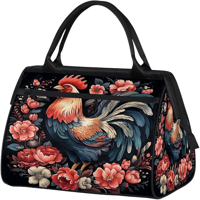 Multipurpose Duffle Bag, Waterproof Carry On Bag with Spacious Design, Rooster Chicken Floral Gym Bags, 15.2x8.3x11.6in