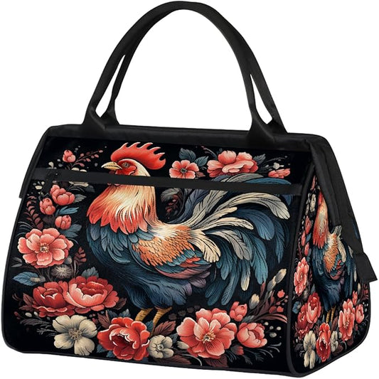 Multipurpose Duffle Bag, Waterproof Carry On Bag with Spacious Design, Rooster Chicken Floral Gym Bags, 15.2x8.3x11.6in