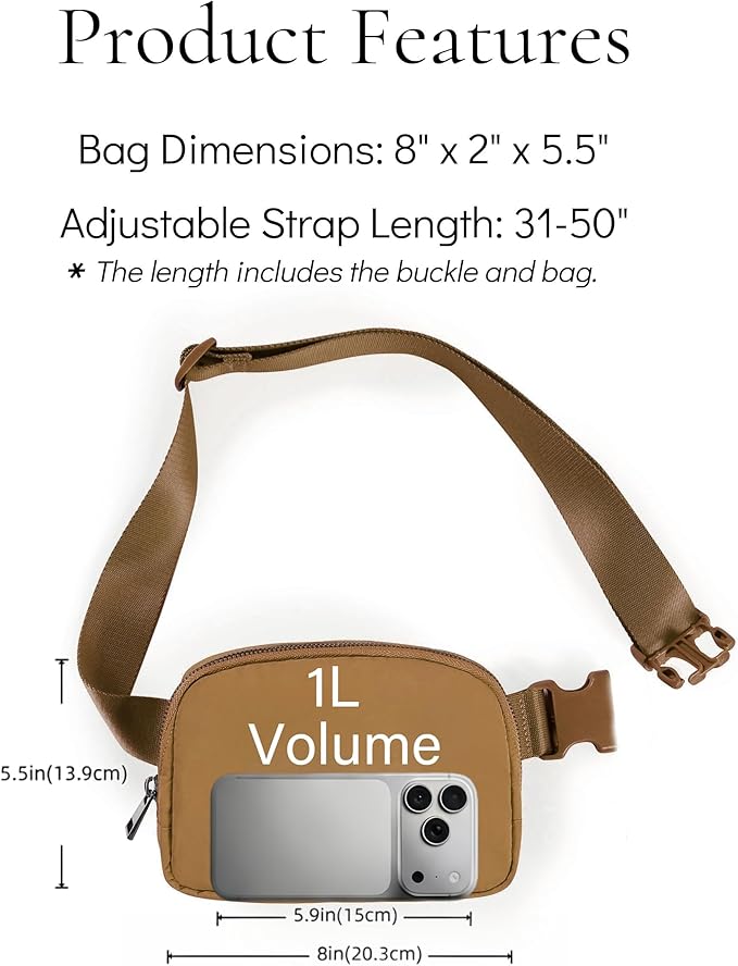 Cross Body Fanny Packs for Women Men Fashion Waist Bag Pouch Nylon Small Travel Crossbody Bags Mini Purse Everywhere Belt Bag Bum Bag with Adjustable Strap for Workout Running Hiking Caramel