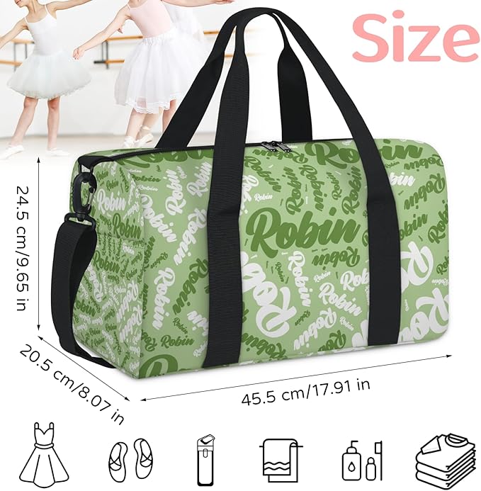 Custom-Dance-Gymnastics-Bag for Girls Personalized Kids Duffle Bag Cheerleader Team Bag for Travel Gym Sport Green White Text