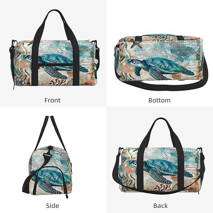 Sports Gym Bag Turquoise Sea Turtle Ocean Travel Duffel Bag With Shoe Compartment Shoulder Strap, Lightweight Water-Resistant Weekend Overnight Totes For Women Men