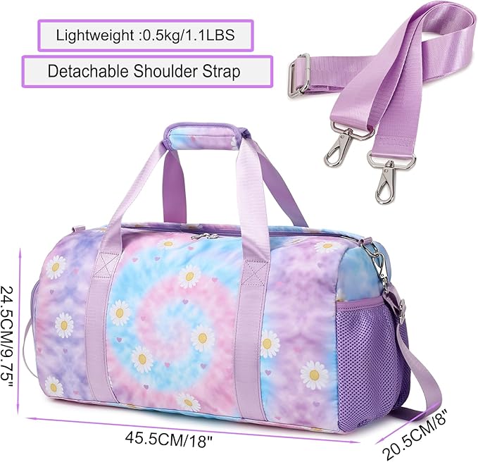 Dance Bag for Girls Sports Duffle Weekender Overnight Ballet Sports Gym Bag with Shoes Compartment (Tie Dye Daisy Purple)