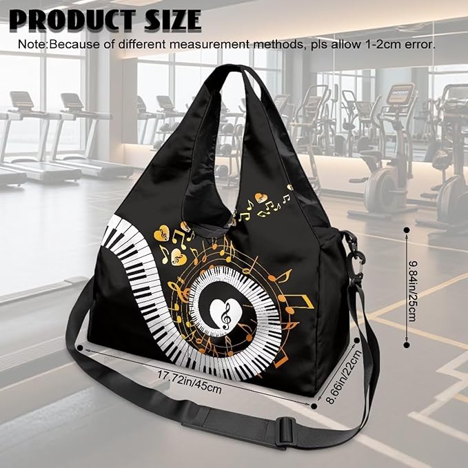 Musical Notes Heart Gym Bag for Women with Shoes Compartment and Yoga Mat Strap Large Capacity Duffle Bag for Dance Swim Travel Carry On Weekender Overnight Bags, Black