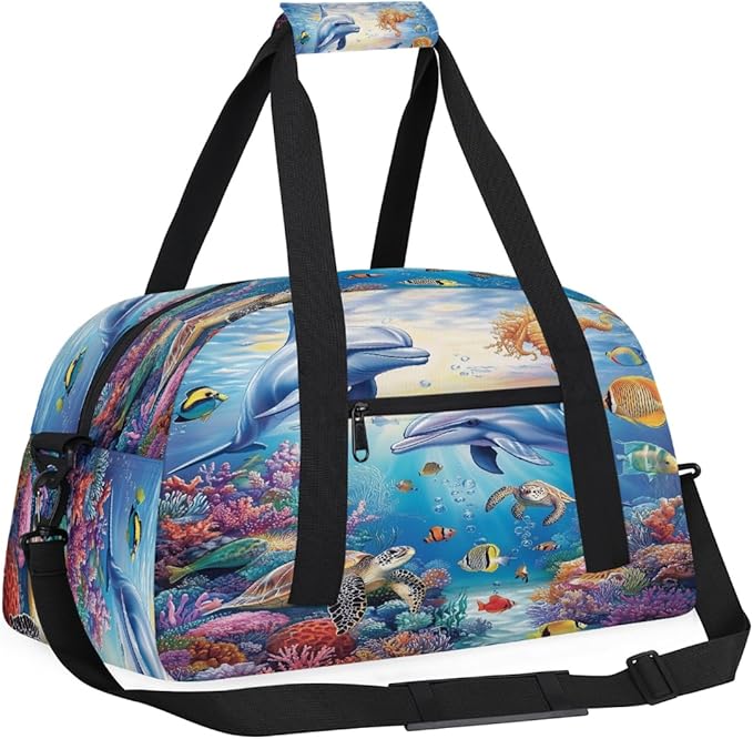 Kids Duffle Bag Girls Boys Sea Marine Dolphin Turtle Fish Weekender Overnight Bag,Lightweight Duffel Bags for Traveling Gym Sport Dance