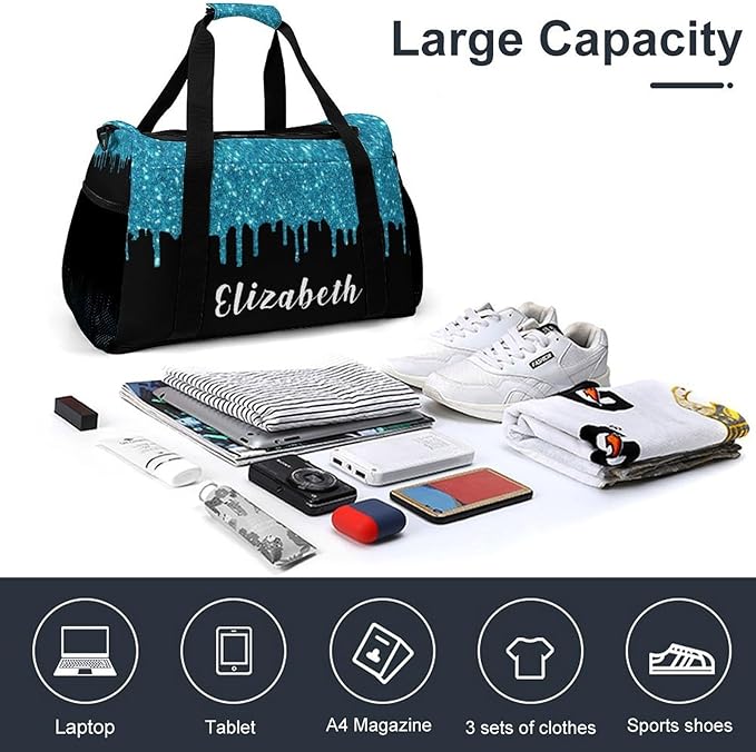 Custom Teal Blue Bling Sequin Print Duffel Bag with Name Adjustable Shoulder Strap Casual Bag for Teens Adults Handheld Crossbody Travel Bag