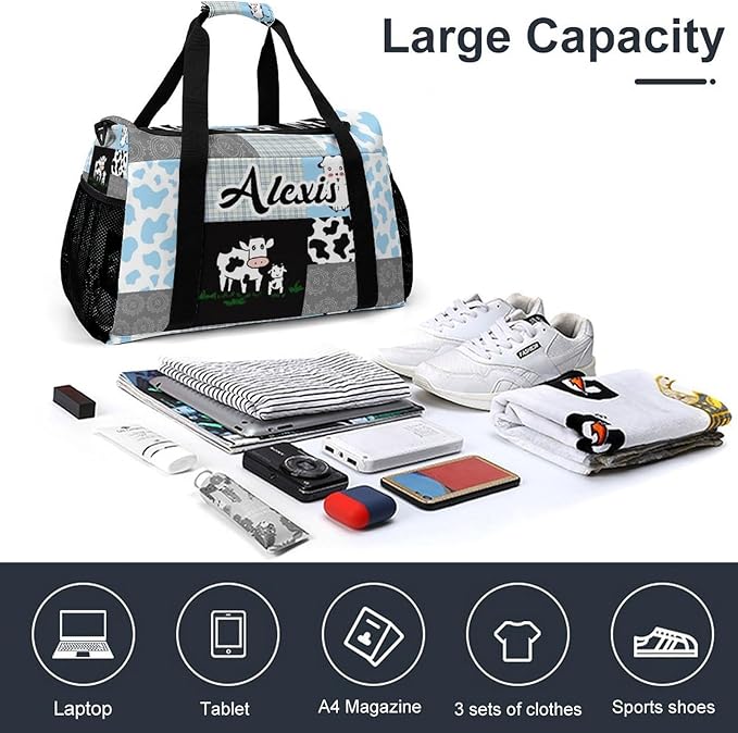Plaid Patchwork Cow Blue Gray Crossbody Bag Waterproof Lightweight Duffel Bag Gym Dance Sport Perform Training Bag for Teens Women Men