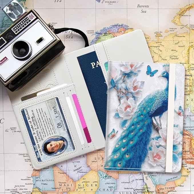 PU Leather Passport Holder Cover 5.9×4.3 Inch with Credit Card Slot and Boarding Pass Slot Combo Blocking Passport Holder Wallet Cover Case for Travel Boarding Essentials (Peacock)