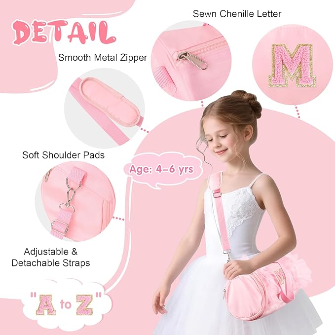 Personalized Initial Dance Bag for Girls 4-6, Small Lace Gym Sport Yoga Cheer Dance Bags Gift for Teen Girls, Cute Letter Kids Ballet Bag Toddler Travel Duffel Tote with Adjustable Straps(Pink-M)