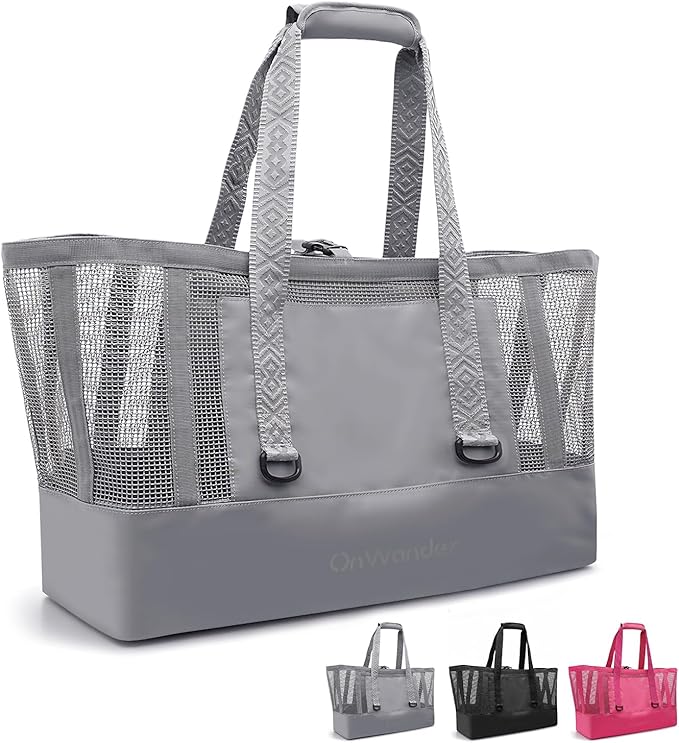Large Mesh Beach Tote Bag - 50L Pool Bags with 2 Inner Zipper Waterproof Pockets for Swim Toys Towels Travel