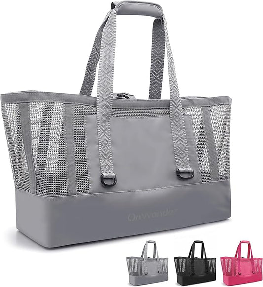 Large Mesh Beach Tote Bag - 50L Pool Bags with 2 Inner Zipper Waterproof Pockets for Swim Toys Towels Travel