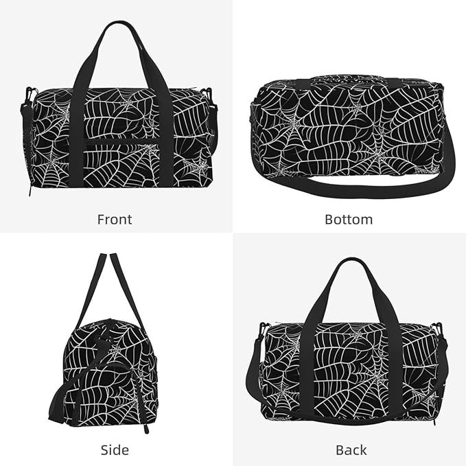 Sports Gym Bag Spiderweb Pattern Black Travel Duffel Bag With Shoe Compartment Shoulder Strap, Lightweight Water-Resistant Weekend Overnight Totes For Women Men