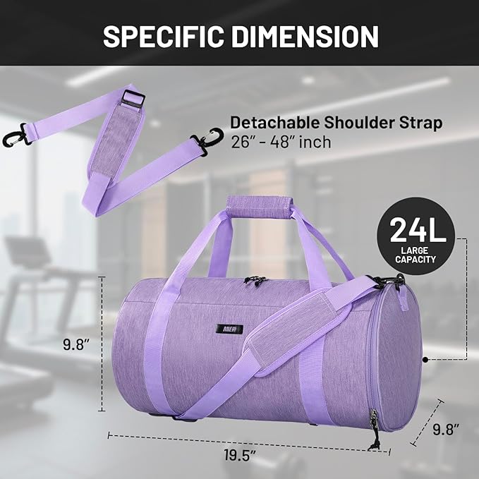 MIER Gym Bag Round Duffle Bag with Shoe Compartment & Wet Pocket, Lightweight Carry on Duffel for Men Women Workout Fitness Travel Sports, 24L, Purple