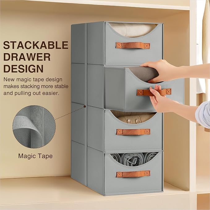 Stackable Storage Drawers - Collapsible Storage Bins with Drawers, 6 Pack Closet Shelf Organizer Basket, Fabric Pull Out Organizer for Bedroom, Living Room, Dorm, Grey