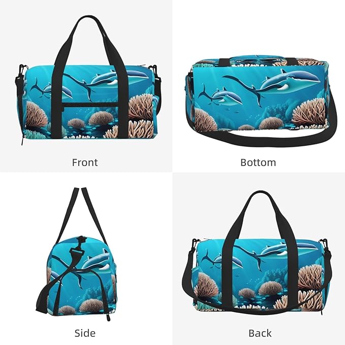Deep Sea Whales Print Gym Bag with Shoe Compartment for Women Men, 17.7in Sports Duffle Weekender Tote, Overnight Travel Duffel Bag Carry On
